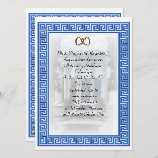 Griekse bruiloft Uitnodiging Blauwe Sleutel elegan (Voorkant / Achterkant)