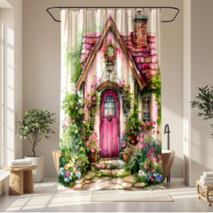 Griekse Cottage Tuin Roze Huis   Douchegordijn