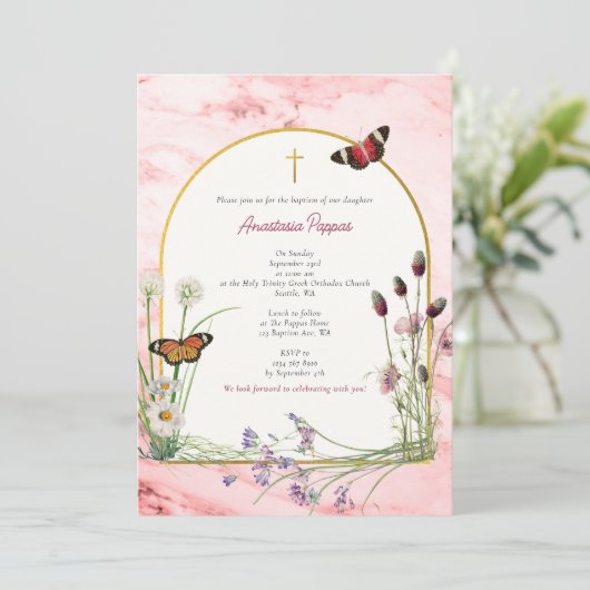 Griekse doop doop roze marmeren wilde bloem kaart (Staand voorkant)