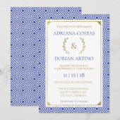 Griekse elegantie bruiloft uitnodiging, blauw, gou kaart (Voorkant / Achterkant)