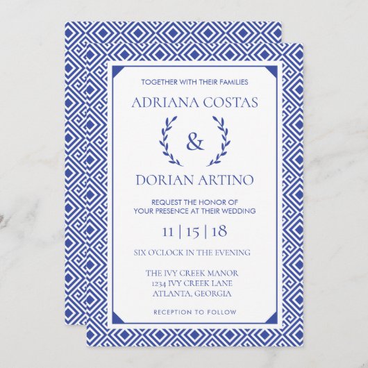 Griekse elegantie bruiloft uitnodiging, blauw kaart (Voorkant / Achterkant)