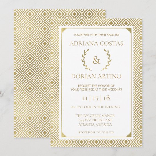 Griekse elegantie bruiloft uitnodiging, Faux Gold Kaart (Voorkant / Achterkant)