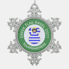 Griekse engel zwart haar kerstvlag gepersonaliseer tin sneeuwvlok ornament