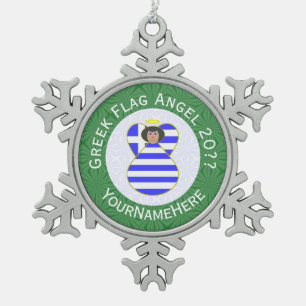 Griekse engel zwart haar kerstvlag gepersonaliseer tin sneeuwvlok ornament