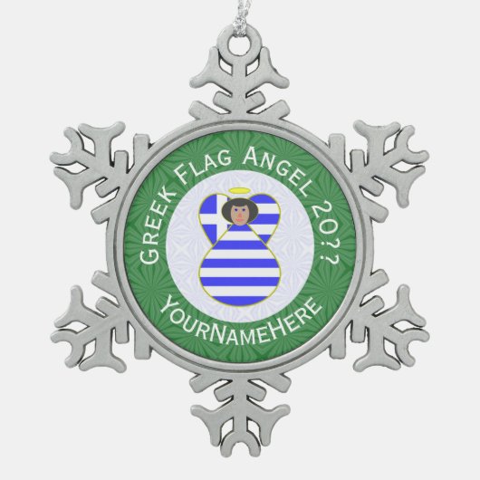 Griekse engel zwart haar kerstvlag gepersonaliseer tin sneeuwvlok ornament (Voorkant)