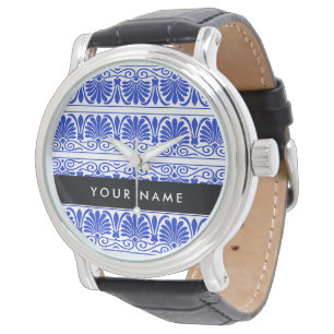 Griekse Fret Arabesk Blauw, Uw Naam, Personaliseer Horloge