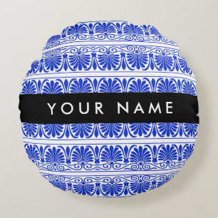 Griekse Fret Arabesk Blauw, Uw Naam, Personaliseer Rond Kussen