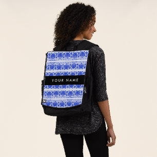 Griekse Fret Arabesk Blauw, Uw Naam, Personaliseer Rugtassen