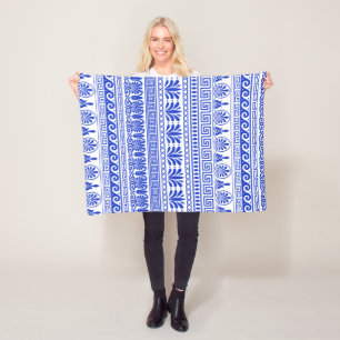 Griekse fret, mediterraan patroon, blauw fleece deken