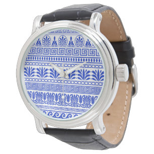 Griekse Fret, Mediterraan Patroon, Blauw Horloge