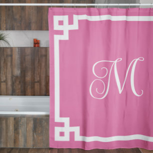 Griekse hoofdgrens roze en witte monogram douchegordijn