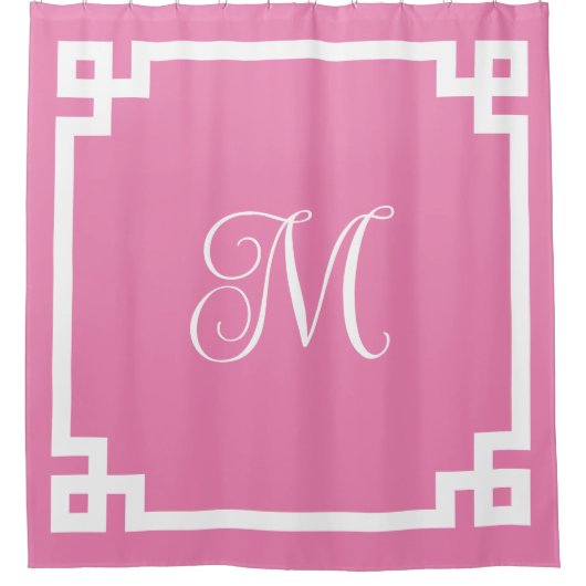 Griekse hoofdgrens roze en witte monogram douchegordijn (Voorkant)