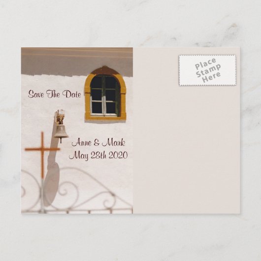 Griekse kerk met kruis bewaar de datum aankondigingskaart (Achterkant)