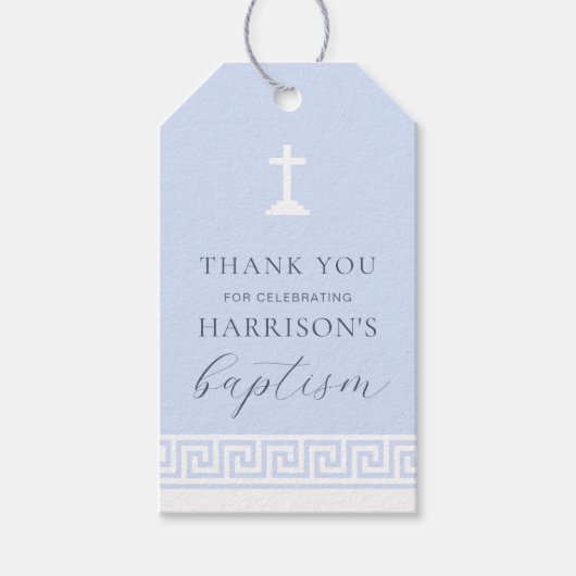 Griekse Key Blauwe Doop Dank u Cadeaulabel (Voorkant)