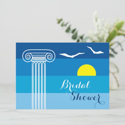 Griekse kolom & meeuwen bruiloft vrijgezellenfeest kaart (Staand voorkant)