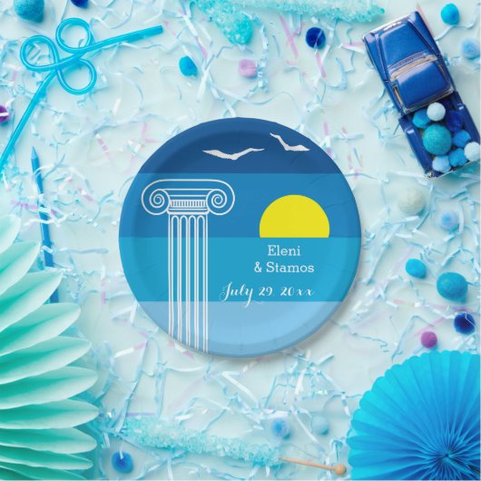 Griekse kolommen en zeegarenden Griekse strandbrui Papieren Bordje (Feest)