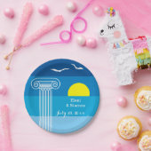 Griekse kolommen en zeegarenden Griekse strandbrui Papieren Bordje (Feest)