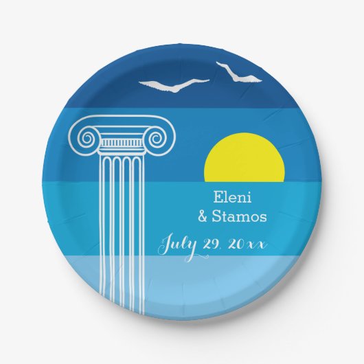Griekse kolommen en zeegarenden Griekse strandbrui Papieren Bordje (Voorkant)