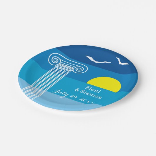 Griekse kolommen en zeegarenden Griekse strandbrui Papieren Bordje (Gekanteld)