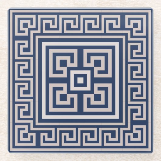 Griekse mander - Griekse sleutel - blauw en room Glazen Onderzetter (Voorkant)