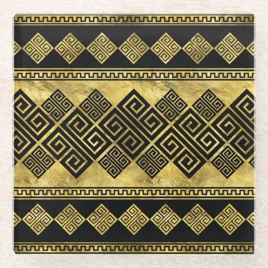 Griekse mander - Griekse sleutel zwart en goud Glazen Onderzetter (Voorkant)