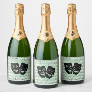 Griekse maskers voor groene muziek en bioscoop sparkling wijnetiket
