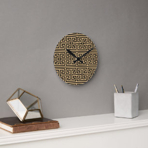Griekse Meander Key Square H Patroon Bruin Ronde Klok