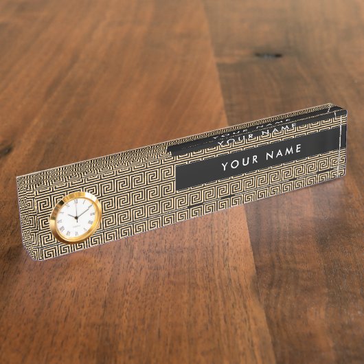 Griekse Meander Key Squares Patroon Bruin Naambordje (Zijkant)