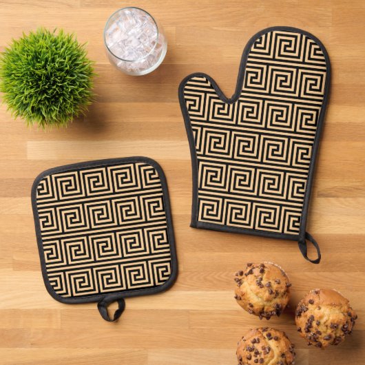 Griekse Meander Key Squares Patroon Bruin Ovenwant & Pannenlap Set (Top down)