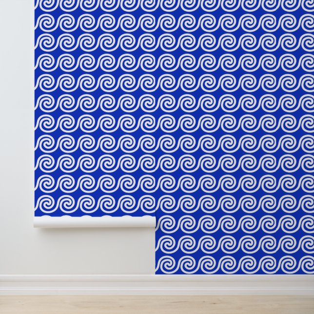 Griekse Meander Key Waves Patroon Blauw Behang (Applicatie)