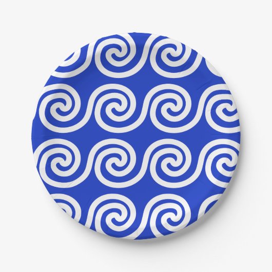 Griekse Meander Key Waves Patroon Blauw Papieren Bordje (Voorkant)