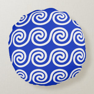Griekse Meander Key Waves Patroon Blauw Rond Kussen