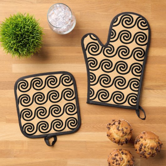 Griekse Meander Key Waves Patroon Bruin Ovenwant & Pannenlap Set (Top down)