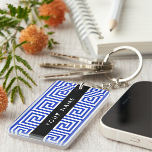 Griekse Meander Sleutel Blauw, Uw Naam, Personalis Sleutelhanger