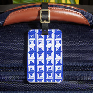 Griekse Meander Sleutel Vierkanten Patroon Blauw Bagagelabel