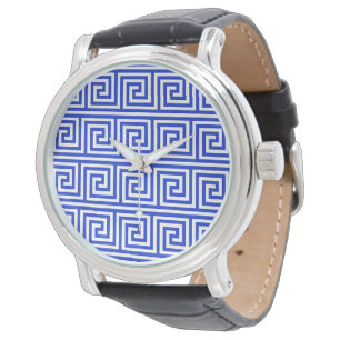 Griekse Meander Sleutel Vierkanten Patroon Blauw Horloge