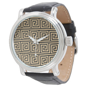 Griekse Meander Sleutel Vierkanten Patroon Bruin Horloge