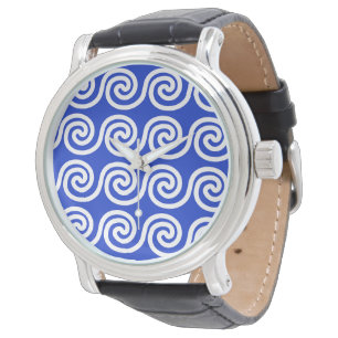 Griekse Meander Sleutelgolven Patroon Blauw Horloge