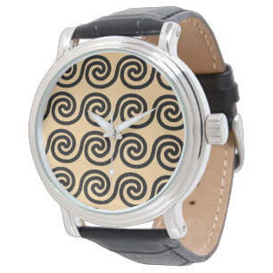 Griekse Meander Sleutelgolven Patroon Bruin Horloge