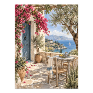 Griekse mediterrane terras watercolor foto afdruk