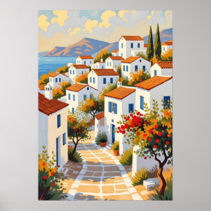 Griekse Mykonos Dorps Kust Muurkunst Poster