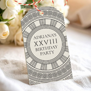 Griekse of Romeinse Toga thema partij met meander Cadeaulabel