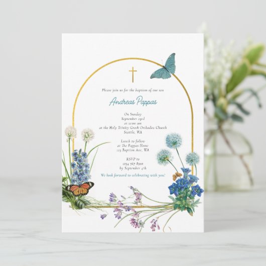 Griekse orthodoxe doop Wildflower jongen Kaart (Staand voorkant)