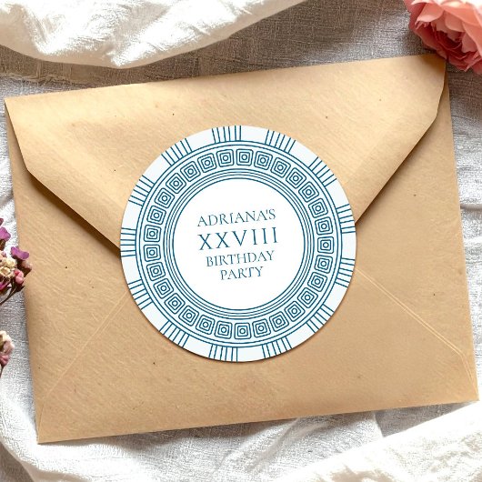 Griekse oudheid themafeest met blauwe patronen ronde sticker