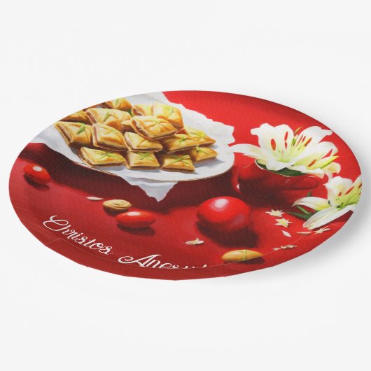 Griekse paasbaklava met eieren en lelies nodigen u papieren bordje (Gekanteld)