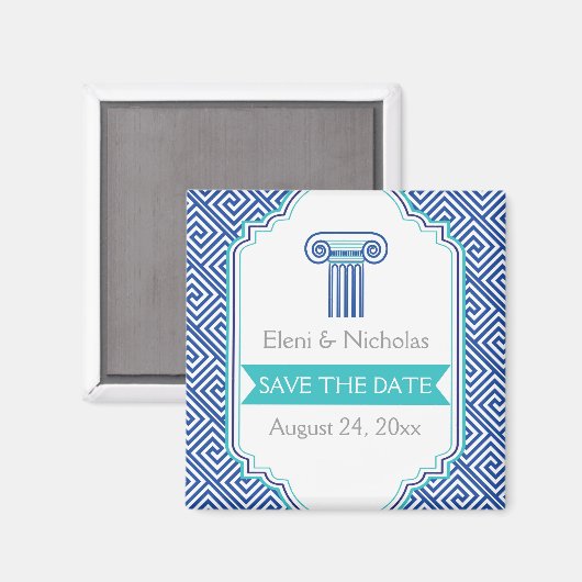 Griekse sleutel & aqua blauwe kolom bruiloft Save  Magneet (Voorkant / Achterkant)