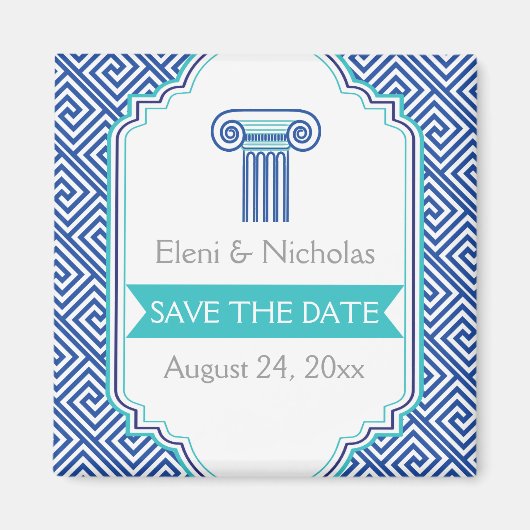 Griekse sleutel & aqua blauwe kolom bruiloft Save  Magneet (Voorkant)