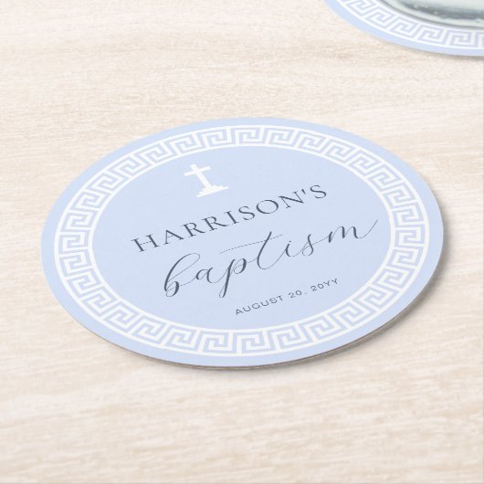 Griekse Sleutel Blauw Doopsel Ronde Kartonnen Onderzetter (Gebogen)