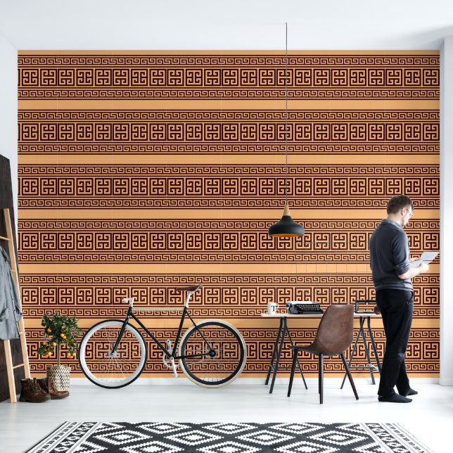 Griekse Sleutel Bruin op Mellon Ontwerper  Behang (Woonkamer)