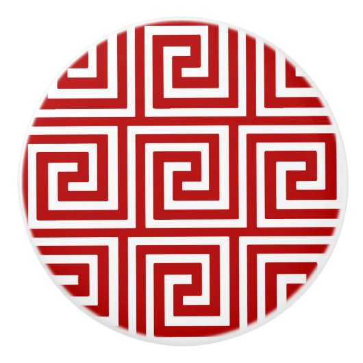 Griekse sleutel, diep rood en wit keramische knop (Voorkant)